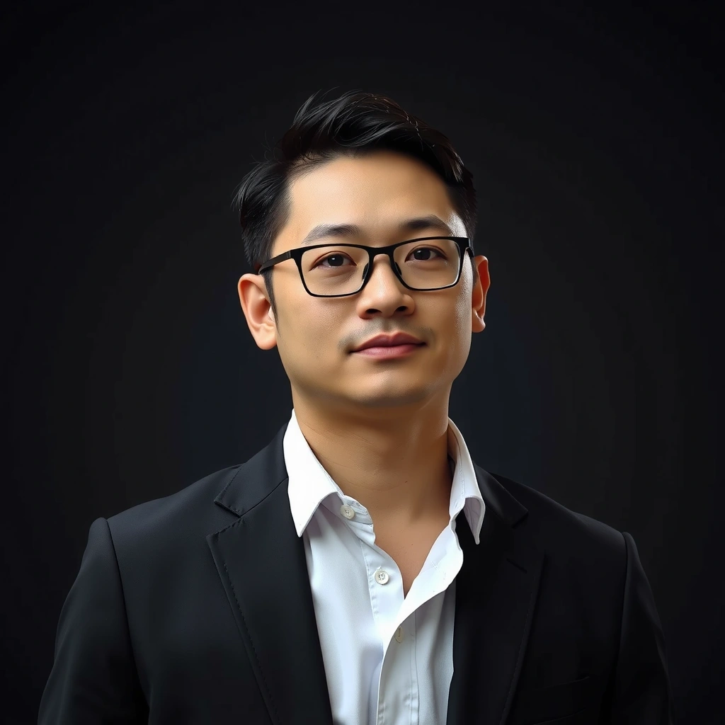 Creative Director with modern tech aesthetic, wearing minimalist dark clothing against dark background