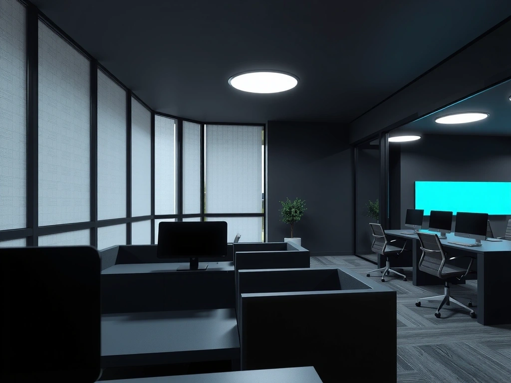 Nificonk Studio Seoul office with modern dark aesthetic design featuring matte surfaces and cyan accent lighting