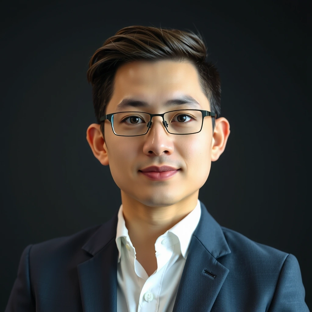 Technical Lead with professional tech appearance, clean modern aesthetic, against dark technological background